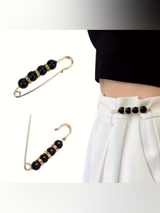 Accessories - Gold Faux Pearl Safety Pin Brooch with Black Beaded Accents (Pack of 2)